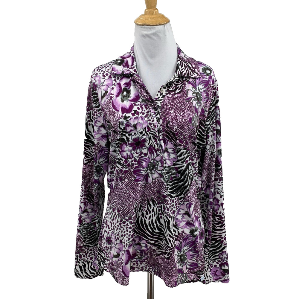 GG Blue Polo Shirt Womens M Medium Multi Floral Animal Motif Snap Buttons Golf